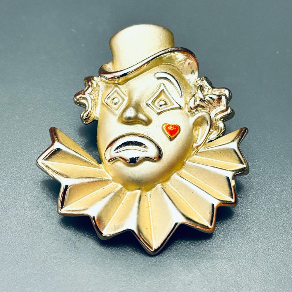 Vintage Brooch Pierrot Clown Sad Face Pin Gold Tone Red Enamel by AJC Jewelry